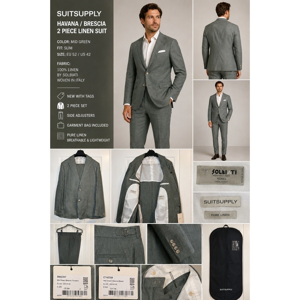Suitsupply Havana Brescia Linen Suit Mid Green Slim Fit US 42 EU 52 NWT